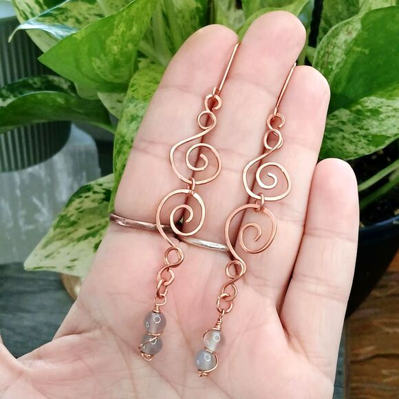 Long Boho Chic Agate Crystal Dangle Earrings, Hammered Copper Gemstone Jewlery - Picture 6 of 7
